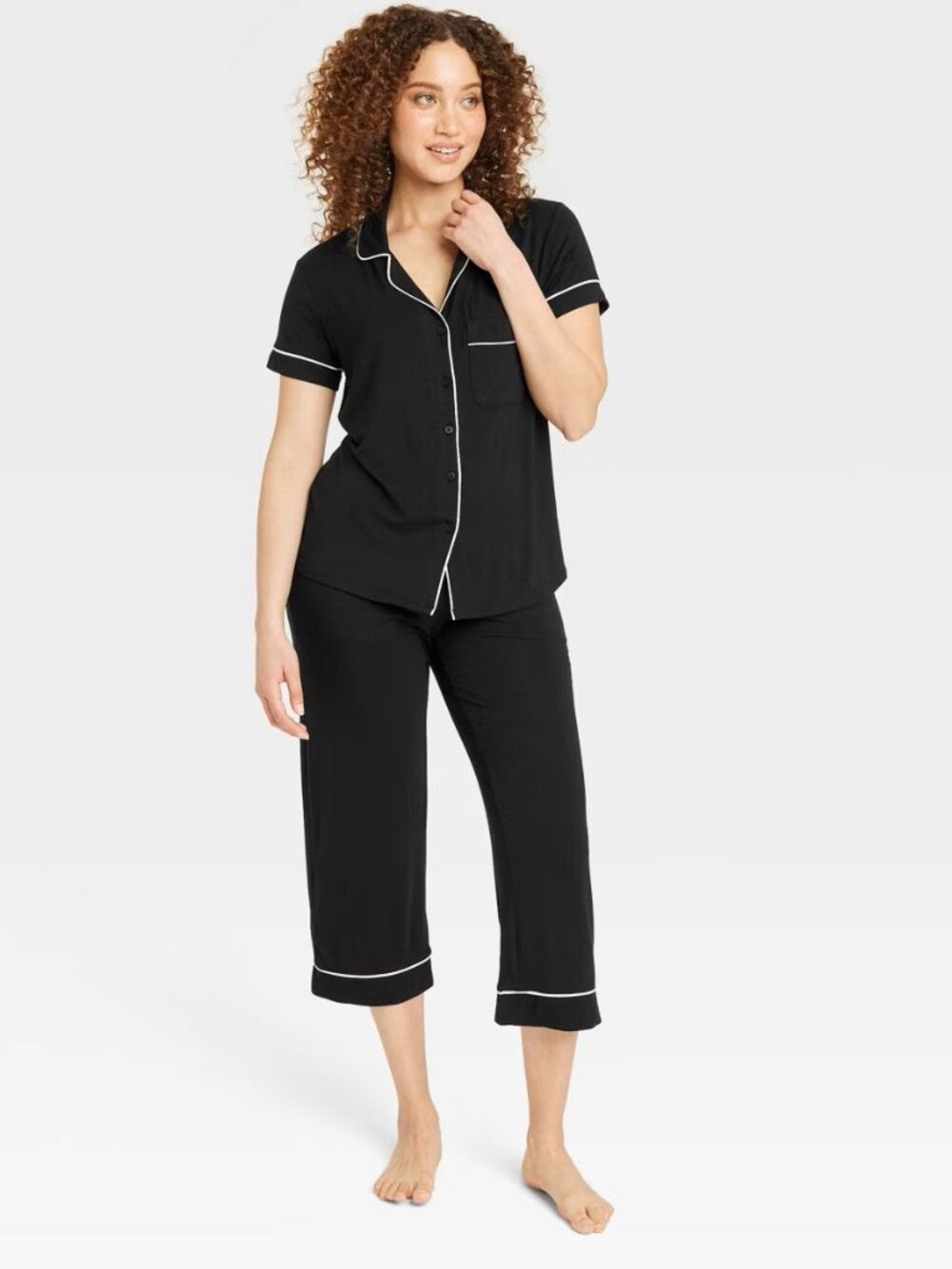 Auden Short Sleeve Top Capri Pant Pajama Set Size M Black White Cloud Knit